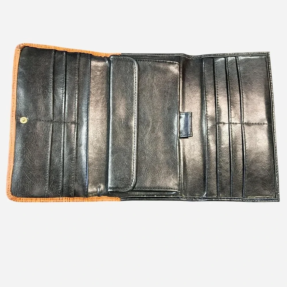 Mundi Black And Brown Leather Wallet With Textured Trim And Gold Hardware